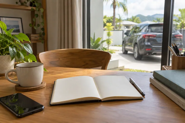 Buku catatan kosong dan pen di meja kayu rumah, dengan kereta kabur di luar tingkap.