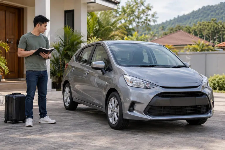 Kereta kompak perak penuh di halaman berturap dengan pelanggan dan buku catatan di sebelah.