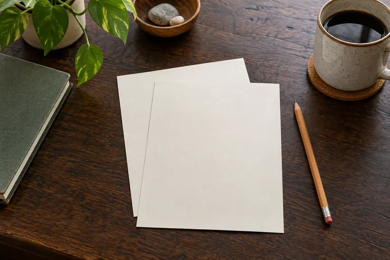 Dua helai kertas kosong disusun bertindih sedikit dengan pensel di meja kayu gelap.