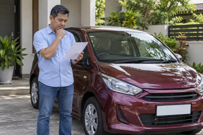 Lelaki berbaju biru muda mempertimbangkan kertas kosong bersebelahan kereta merah gelap.