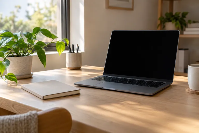 Buku catatan tertutup dan laptop dengan skrin hitam tanpa paparan di meja rumah.