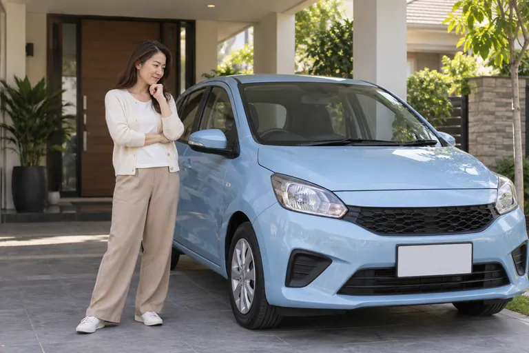 Wanita berkardigan krim mempertimbangkan kereta biru muda di pintu masuk kediaman berbumbung.